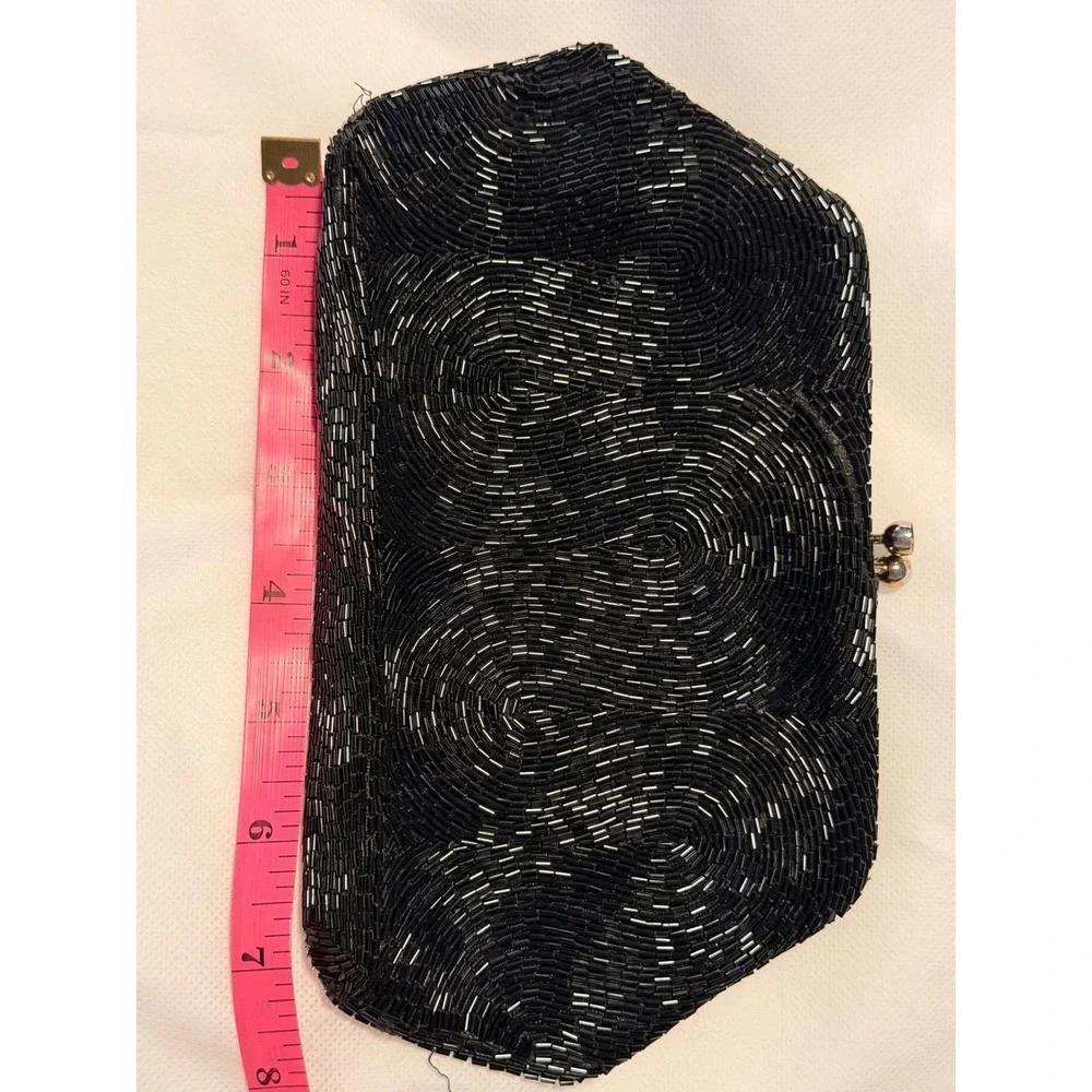 Magid Vintage Hand Beaded Clutch Black Silver Swirl Kiss Lock Evening Bag Japan